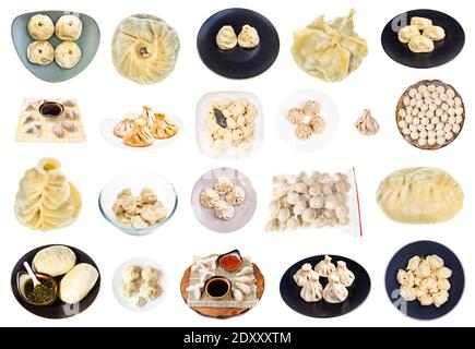 collection de différents boulettes (dim sum, buuz, pelmeni, pyanse, khinkali, manti, etc.) isolées sur fond blanc Banque D'Images