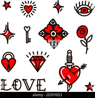 Symboles de Saint-Valentin amour dans le style de l'ancienne école. Illustration vectorielle pour la Saint-Valentin, autocollants, tatouages Illustration de Vecteur