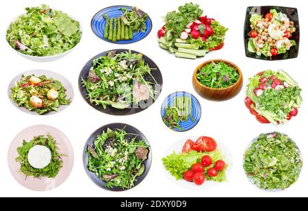 ensemble de différentes salades fraîches de légumes feuilles isolées sur arrière-plan blanc Banque D'Images