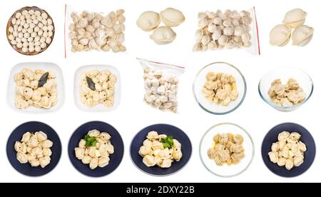 Collection de divers Pelmeni cuits et non cuits (boulettes russes remplies de viande hachée) iisolées sur fond blanc Banque D'Images