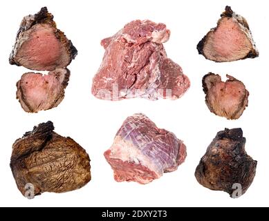 Ensemble de rôti de bœuf cru et cuit maison isolé arrière-plan blanc Banque D'Images