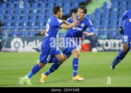 Damian Suarez de Getafe CF célèbre un but pendant le Championnat d'Espagne la Liga match de football entre Getafe CF et Celta de Vigo / LM Banque D'Images