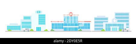 Hôpital bâtiment bureau médical set, dessin animé clinique moderne de médecine gratte-ciel Illustration de Vecteur