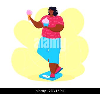 Une jeune femme obèse afro-américaine mange de la nourriture sucrée. Une fille se mettre sur la balance pour se débarrasser de la graisse du ventre. Obésité. Femme noire. Illustration de Vecteur