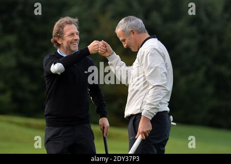 Stephane Freiss et Alain Roche participant au Tee Break Gourmand au Golf d'Etiolles près de Paris, France, le 7 octobre 2014. Photo de Laurent Zabulon/ABACAPRESS.COM Banque D'Images