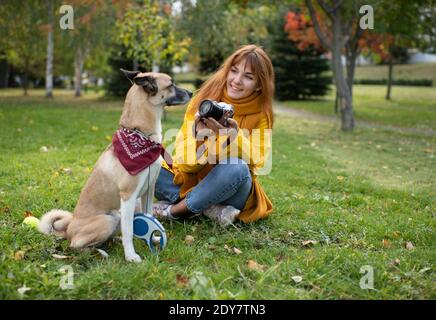 Bonne jeune femme souriant et prenant des photos d'adorable obéissant chien assis sur l'herbe verte dans un parc d'automne calme Banque D'Images