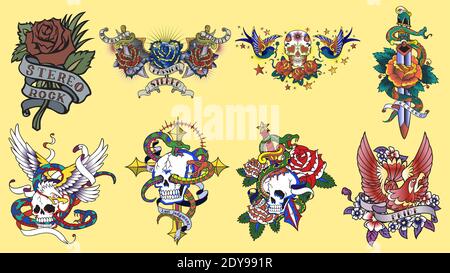 Ensemble de tatouages de couleur et de noir dans un style vintage traditionnel. Symboles Illustration de Vecteur
