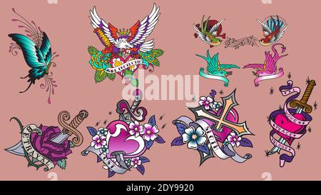 Ensemble de tatouages de couleur et de noir dans un style vintage traditionnel. Symboles Illustration de Vecteur