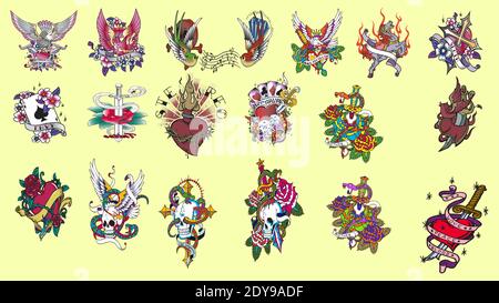 Ensemble de tatouages de couleur et de noir dans un style vintage traditionnel. Symboles Illustration de Vecteur