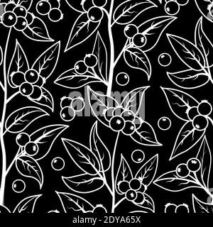 Motif sans couture avec baies et feuilles de baies de neige. Illustration vectorielle d'un contour blanc sur fond noir Illustration de Vecteur