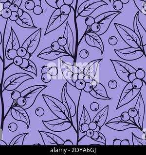 Motif sans couture avec baies et feuilles de baies de neige. Illustration vectorielle d'un contour sombre sur fond lilas Illustration de Vecteur