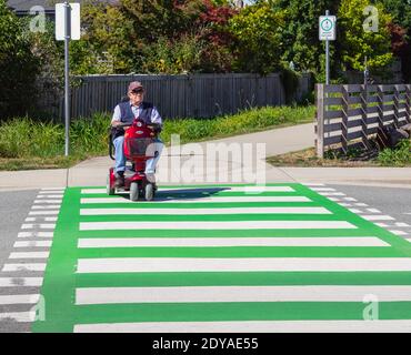 Un vieil homme conduisant un scooter de mobilité en fauteuil roulant traversant la rue sur un zèbre. Banque D'Images