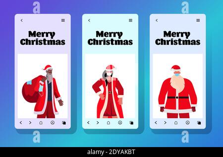 mettez les gens de course de mix en costumes de santa sur l'écran de smartphone nouvel an noël fête célébration coronavirus quarantaine concept portrait horizontal illustration vectorielle Illustration de Vecteur