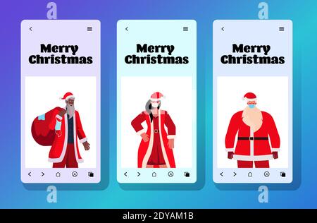 mettez les gens de course de mix en costumes de santa sur l'écran de smartphone nouvel an noël fête célébration coronavirus quarantaine concept portrait horizontal illustration vectorielle Illustration de Vecteur