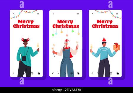 mettez les gens de course de mélange dans des chapeaux de père noël célébrant la nouvelle année noël vacances smartphone écrans collection communication en ligne concept portrait horizontal illustration vectorielle Illustration de Vecteur