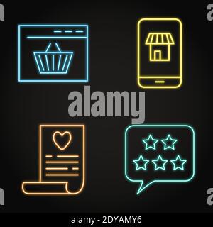 Icône de commerce Internet Neon définie en style ligne. Boutique mobile, achat en ligne, avis des clients et symboles de la liste de souhaits. Illustration vectorielle. Illustration de Vecteur