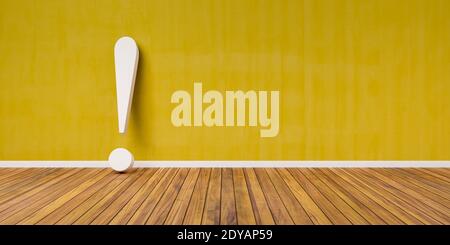 Point d'exclamation blanc sur parquet et mur en béton jaune Concept d'avertissement d'illustration 3D Banque D'Images