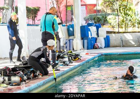 groupe de 4 plongeurs ayant un bon temps de préparer leur l'équipement pour entrer dans l'eau Banque D'Images