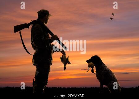 silhouettes du chasseur de canards et son chien avec abattu canard sur fond de coucher de soleil Banque D'Images