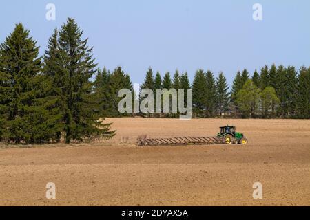 tracteur avec herse travaillant sur le champ labouré dans le ressort Banque D'Images