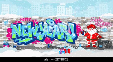 Dessin animé Hiphop Père Noël pulvérisation Graffity bonne année vecteur Illustration Art coloré Streetart mur Graffiti avec dessins contre le Illustration de Vecteur