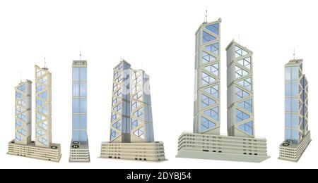 5 vues d'angles divers rendus de conception fictive des bâtiments financiers avec deux tours avec des reflets de ciel - isolé sur blanc, illustration 3d de ar Banque D'Images
