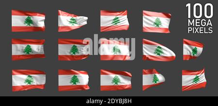 Drapeau libanais isolé - différentes images du drapeau agitant Sur fond gris - illustration 3D de l'objet Banque D'Images