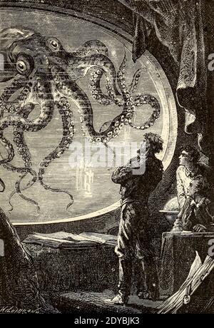 Sous mes yeux était un horrible monstre du livre vingt mille ligues sous les mers, ou, les aventures merveilleuses et passionnantes de Pierre Aronnax, Conseil son serviteur, et Ned Land, un harpooner canadien de Verne, Jules, 1828-1905 publié à Boston par J.R. Osgood en 1875 Banque D'Images