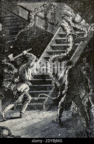 Avec un coup de hache, le capitaine Nemo a coupé ce formidable tentacule du livre vingt mille ligues sous les mers, ou, les aventures merveilleuses et passionnantes de Pierre Aronnax, Conseil son serviteur, et Ned Land, un harpooner canadien de Verne, Jules, 1828-1905 publié à Boston par J.R. Osgood en 1875 Banque D'Images