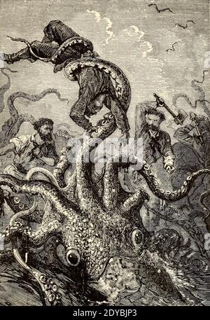 Une seule de ses armes s'est emmêlée dans l'air, brandissant la victime comme une plume du Livre vingt mille ligues sous les mers, ou, les aventures merveilleuses et passionnantes de Pierre Aronnax, Conseil son serviteur, Et Ned Land, un harpooner canadien de Verne, Jules, 1828-1905 publié à Boston par J.R. Osgood en 1875 Banque D'Images