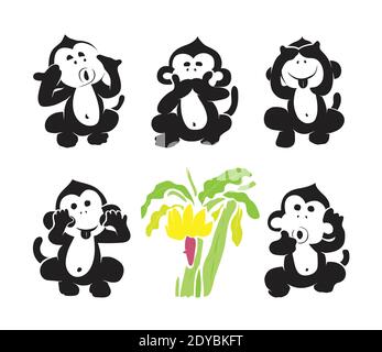 Groupe vectoriel de singes et de bananes sur fond blanc. Illustration vectorielle superposée facile à modifier. Animaux sauvages. Illustration de Vecteur