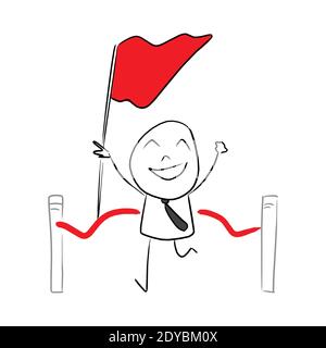 Homme d'affaires tenant un drapeau rouge en cours d'exécution et franchissant la ligne d'arrivée première place illustration vecteur doodle main dessiné avec des lignes noires isolé sur blanc Illustration de Vecteur