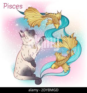 Zodiaque. Illustration vectorielle du signe astrologique des poissons en tant que chat siamois ou thaïlandais se tenant debout sur deux pattes arrière. Élément d'horoscope astrologique. Art de concept d'astrologie Illustration de Vecteur