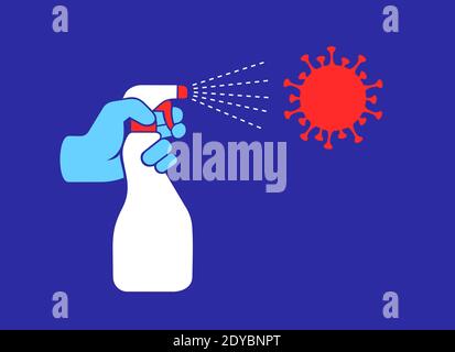 La main nettoie le coronavirus et le covid-19 par assainisseur et désinfectant en aérosol et atomiseur. Sécurité et protection - désinfection et désinfection des inf Banque D'Images