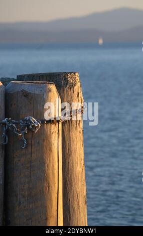 gros plan de la jetée en bois pour amarrer les bateaux dans le lac italien Trasimeno au coucher du soleil Banque D'Images