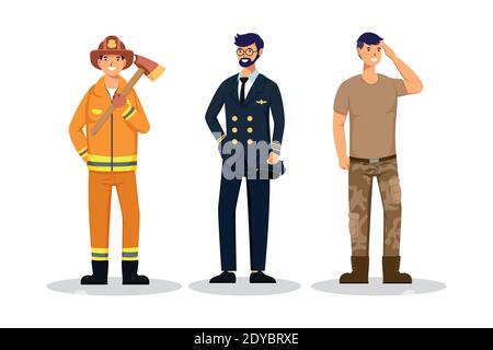 groupe de trois travailleurs masculins professions avatars caractères illustration vectorielle conception Illustration de Vecteur