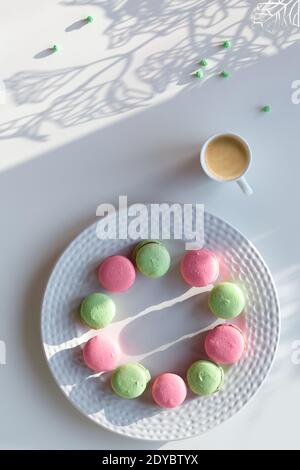 Bonbons d'hiver sur fond blanc, ombres longues. Macarons roses et vert menthe sur une assiette blanche. Tasse à espresso, à plat. Dessert créatif savoureux Banque D'Images