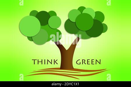 Une illustration d'un concept de think green avec des arbres isolés sur fond vert Banque D'Images