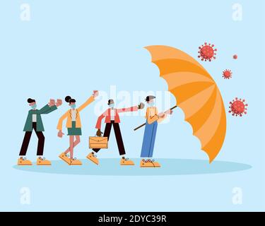 groupe de personnes portant un masque médical avec parapluie de protection de conception d'illustration vectorielle covid19 Illustration de Vecteur