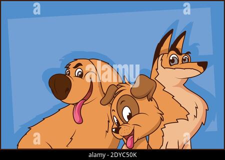 groupe de trois chiens personnages de bande dessinée sur fond bleu illustration vectorielle Illustration de Vecteur