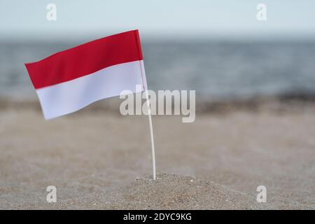 Drapeau national de la Pologne sur la plage. Mer sur fond. Drapeau rouge et blanc. Banque D'Images
