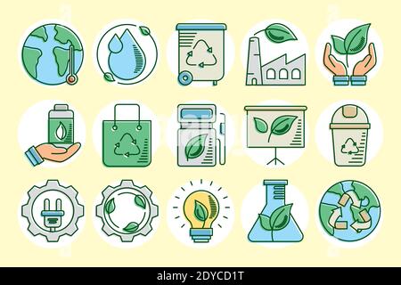 ensemble de quinze lignes écologiques et de terre et de style de remplissage définir les icônes de conception d'illustration vectorielle Illustration de Vecteur