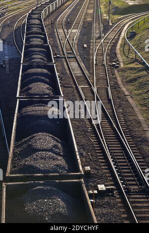 le charbon noir dans les wagons sur les rails est déplacé au point de déchargement suivant dans la logistique Banque D'Images