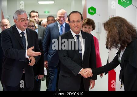 Alain Boudou, le président français François Hollande et la ministre française junior des personnes âgées et handicapées Michele Delaunay visitant le laboratoire de chimie « Polymeres organiques (LCPO) » à Talence, France, le 10 janvier 2013. Hollande était dans la région pour une visite consacrée aux investissements futurs et aux entreprises de haute technologie. Photo de Baptiste Fenouil/Pool/ABACAPRESS.COM Banque D'Images