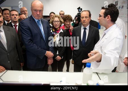 Alain Boudou, le président français François Hollande et la ministre française junior des personnes âgées et handicapées Michele Delaunay visitant le laboratoire de chimie « Polymeres organiques (LCPO) » à Talence, France, le 10 janvier 2013. Hollande était dans la région pour une visite consacrée aux investissements futurs et aux entreprises de haute technologie. Photo de Baptiste Fenouil/Pool/ABACAPRESS.COM Banque D'Images