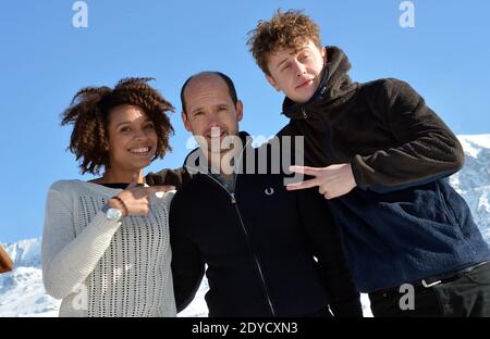 STEFI Celma, Norman Thavaud et Maurice Barthelemy se posent lors du 16e Festival du film comique de l'Alpe d'Huez qui s'est tenu à l'Alpe d'Huez, en France, le 17 janvier 2013. Photo de Jeremy Charriau/ABACAPRESS.COM Banque D'Images