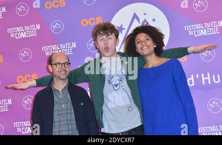 STEFI Celma, Norman Thavaud et Maurice Barthelemy se posent lors du 16e Festival du film comique de l'Alpe d'Huez qui s'est tenu à l'Alpe d'Huez, en France, le 17 janvier 2013. Photo de Jeremy Charriau/ABACAPRESS.COM Banque D'Images