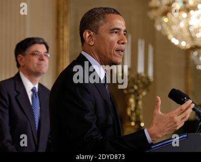 LE président AMÉRICAIN Barack Obama annonce la nomination de Denis McDonough au poste de nouveau chef de cabinet de la Maison Blanche à Washington, DC, USA, le 25 janvier 2013. Photo de Yuri Gripas/Pool/ABACAPRESS.COM Banque D'Images