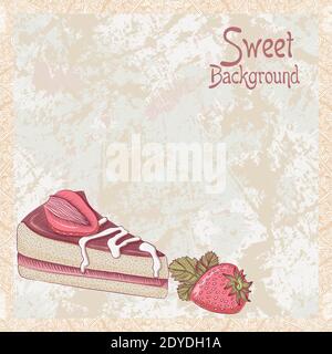 Illustration vectorielle d'un morceau de gâteau avec des fraises sur fond de grunge. Design vintage pour le menu, restaurant, café, boutique, confiserie, livre de cuisine. Illustration de Vecteur