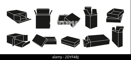 Ensemble de boîtes de glyphes noires de modèle. Collection de boîtes-cadeaux d'emballage de produits Silhouette. Emballage papier ouvert et fermé. Carton de forme vierge pour la conception ou la marque. Illustration vectorielle Illustration de Vecteur